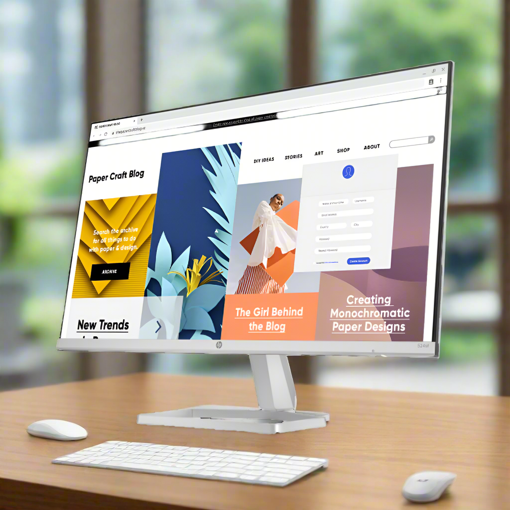 Computer monitor displaying a website with colorful design elements on a white background