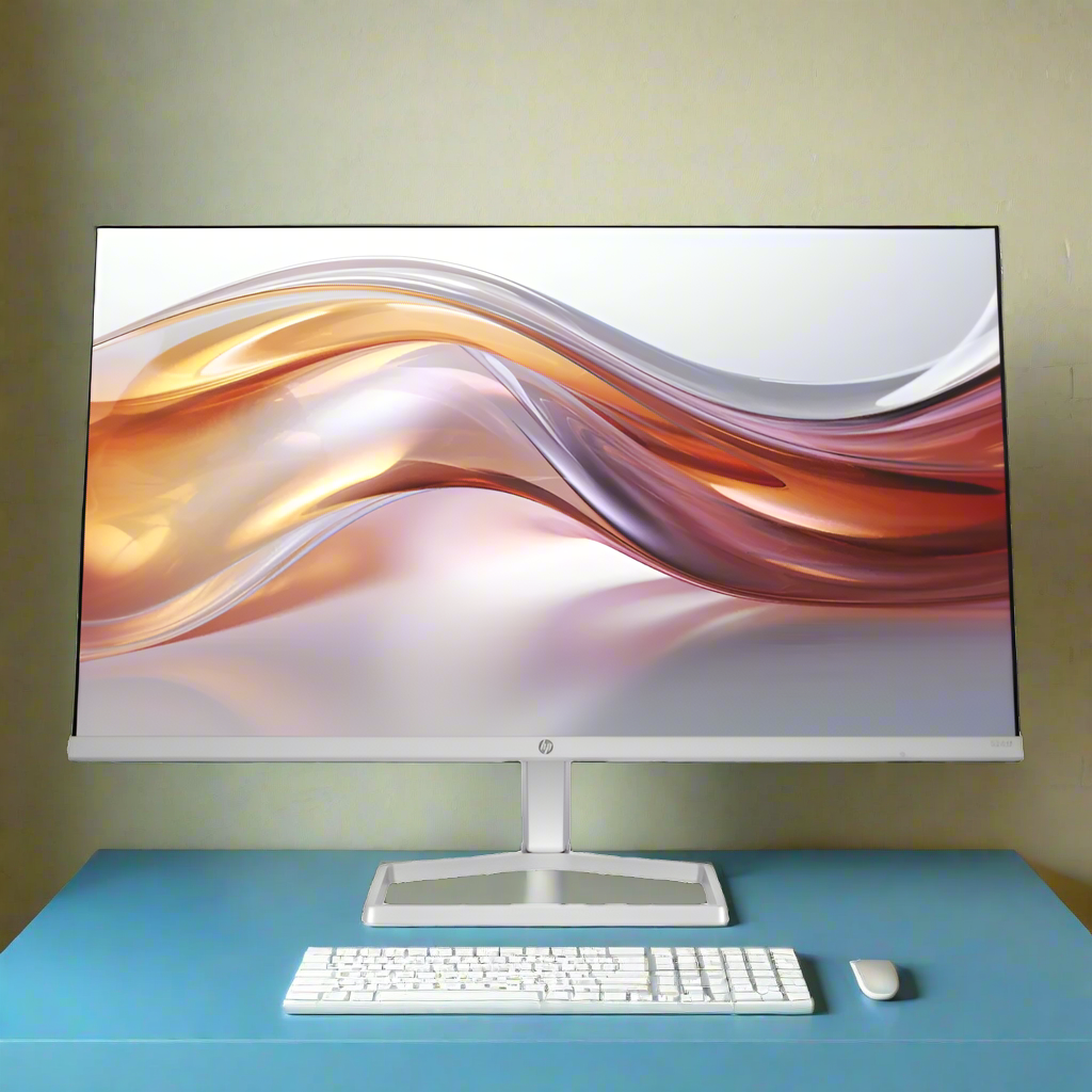 Computer monitor with colorful display on a white background