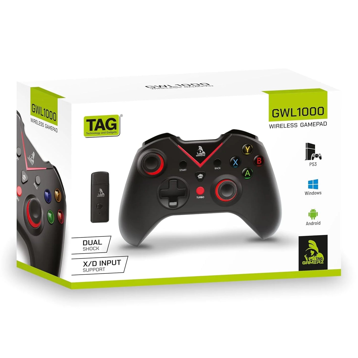 Box packaging of TAG Gamerz GWL1000 Wireless and Bluetooth gamepad for PC/Android/PS3, displaying the gamepad and its connectivity options.