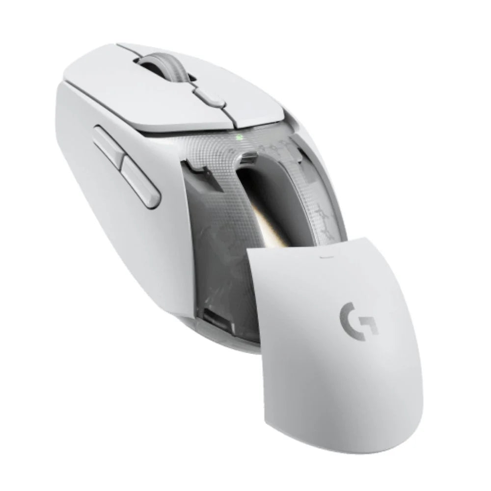 Logitech G309 Lightspeed Wireless Gaming Mouse in white color with a wireless receiver beside it.