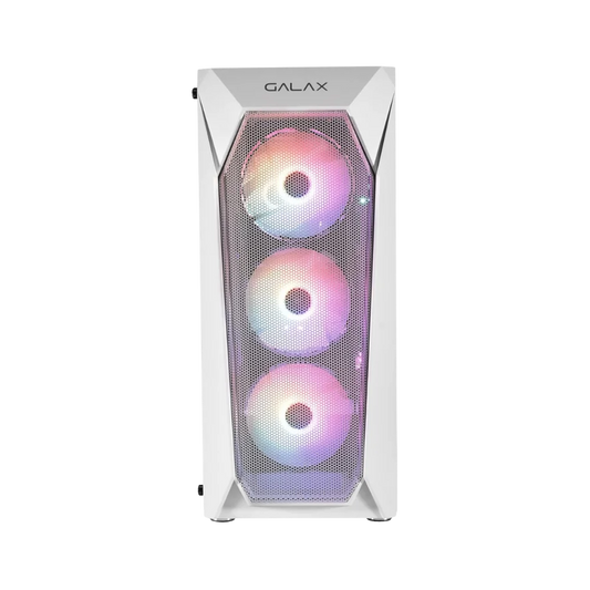 White computer case with RGB lighting on a white background, featuring the Galax brand.