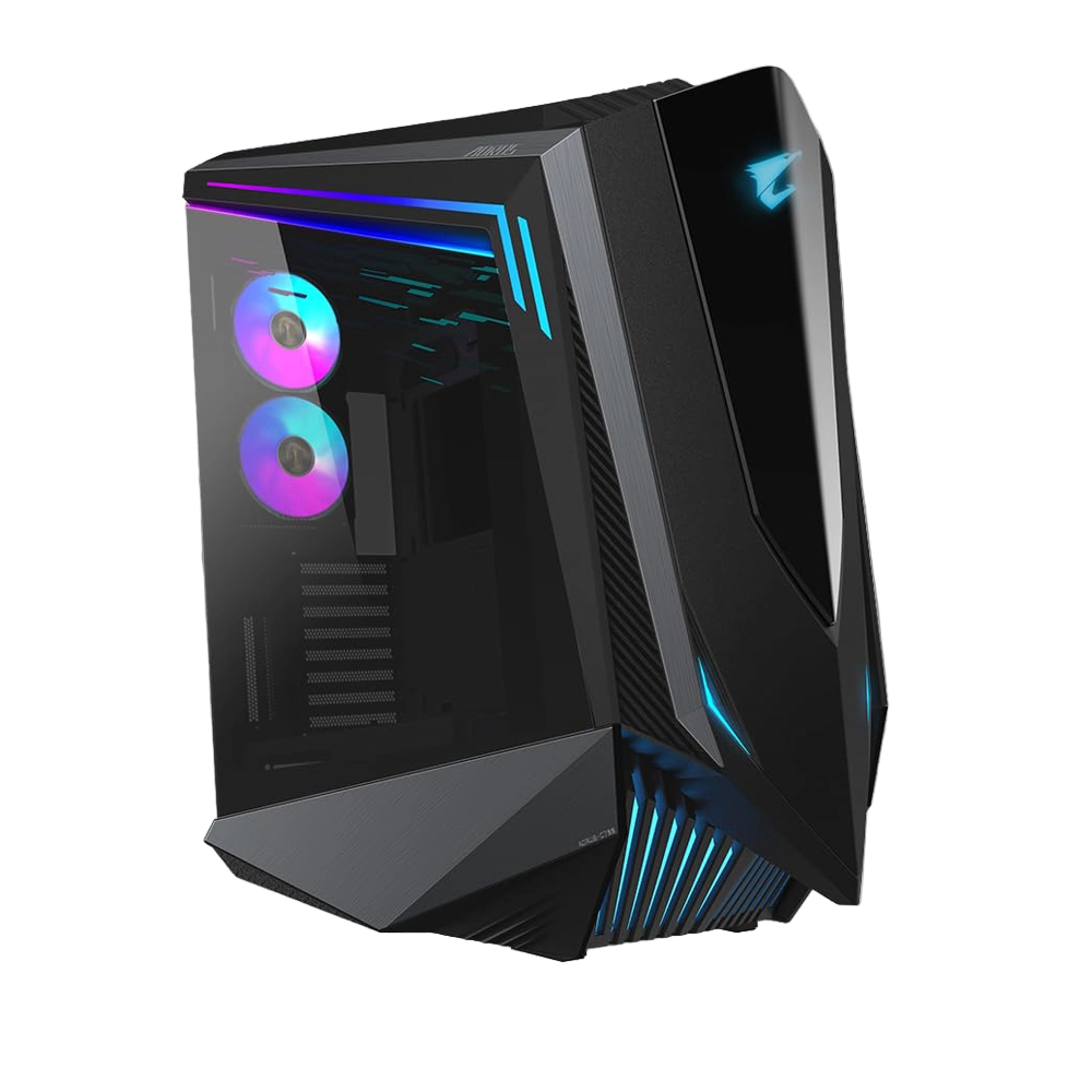 A black gaming desktop computer with RGB lighting and multiple fans whith a white background