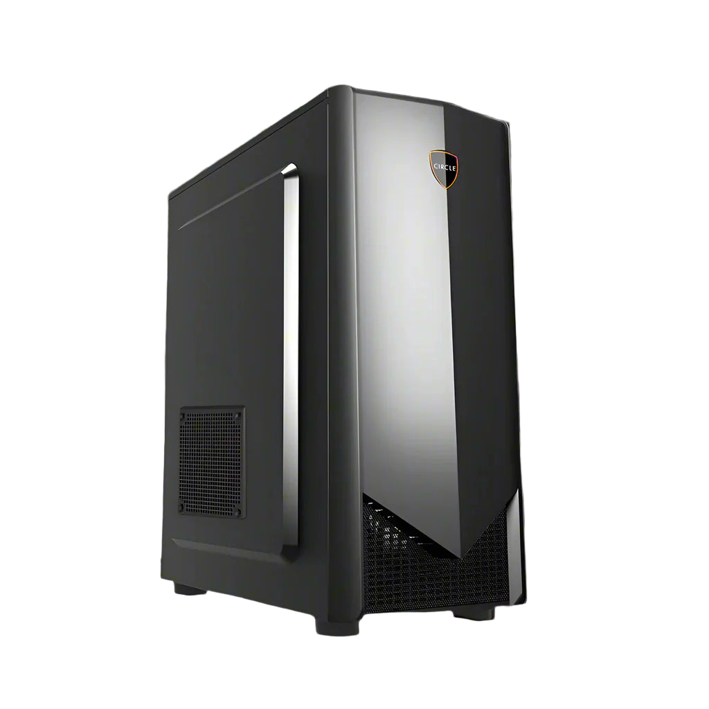 Black computer case with a glass side panel on a white background