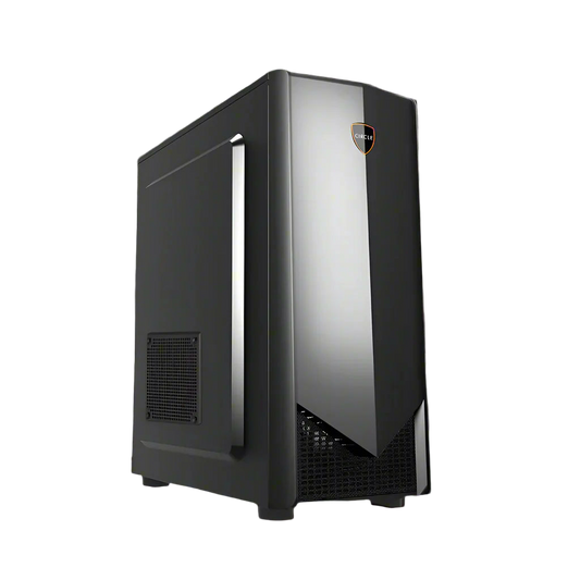 Black computer case with a glass side panel on a white background