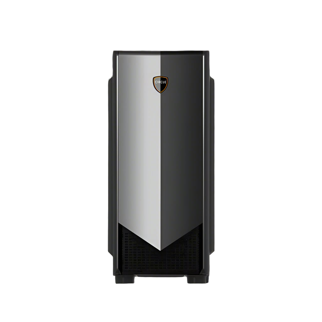 Computer tower with a black and silver design on a white background