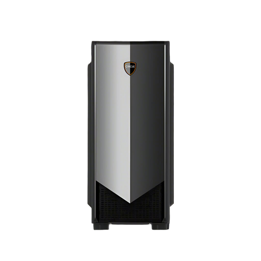 Computer tower with a black and silver design on a white background