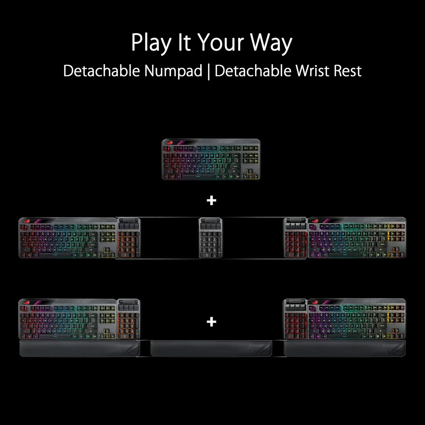 ROG Claymore II mechanical keyboard showcasing different configurations with detachable numpad and wrist rest, and illuminated keys.