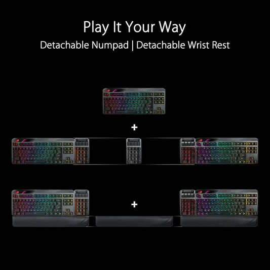 ROG Claymore II mechanical keyboard showcasing different configurations with detachable numpad and wrist rest, and illuminated keys.