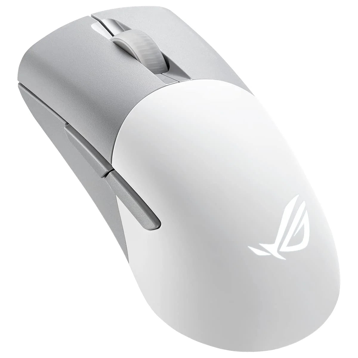 A white ASUS ROG Keris Wireless AimPoint gaming mouse with an ergonomic design and the ASUS ROG logo on the side.