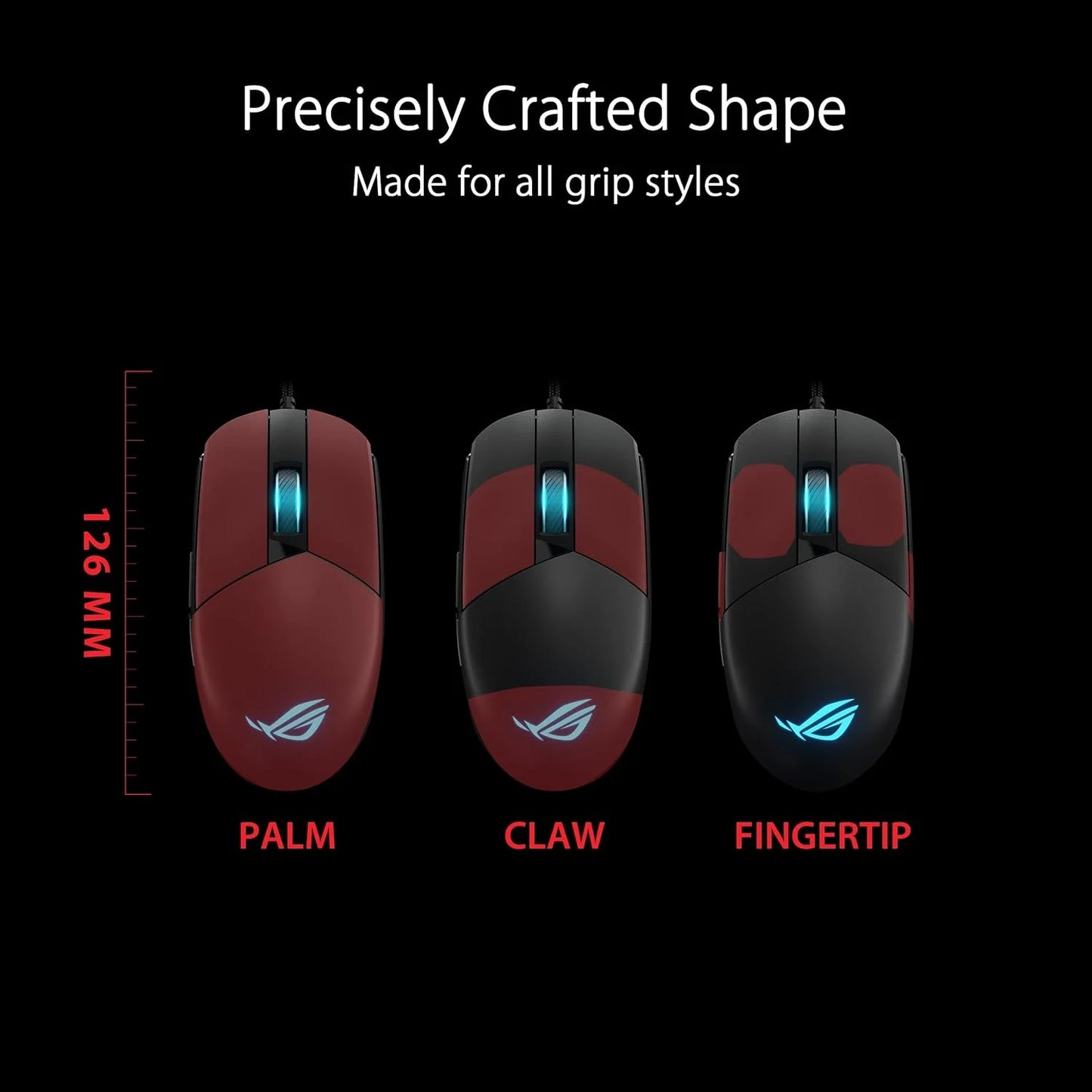 An image showcasing three ROG Strix Impact III gaming mice in red and black color, each with different grip styles labeled: PALM, CLAW, and FINGERTIP.