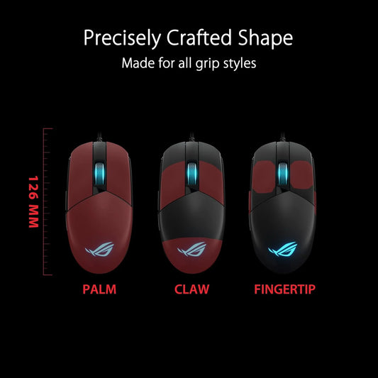 An image showcasing three ROG Strix Impact III gaming mice in red and black color, each with different grip styles labeled: PALM, CLAW, and FINGERTIP.