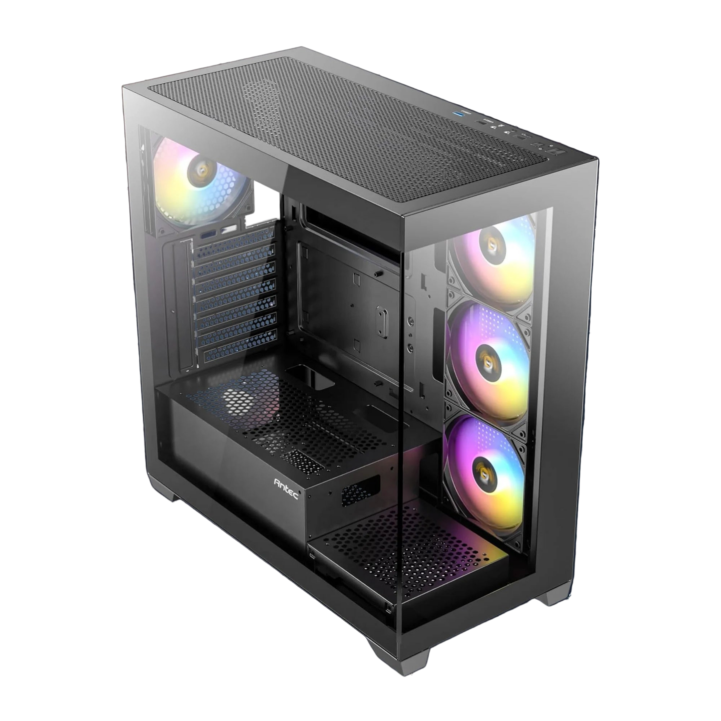 Computer case with RGB lighting on a white background