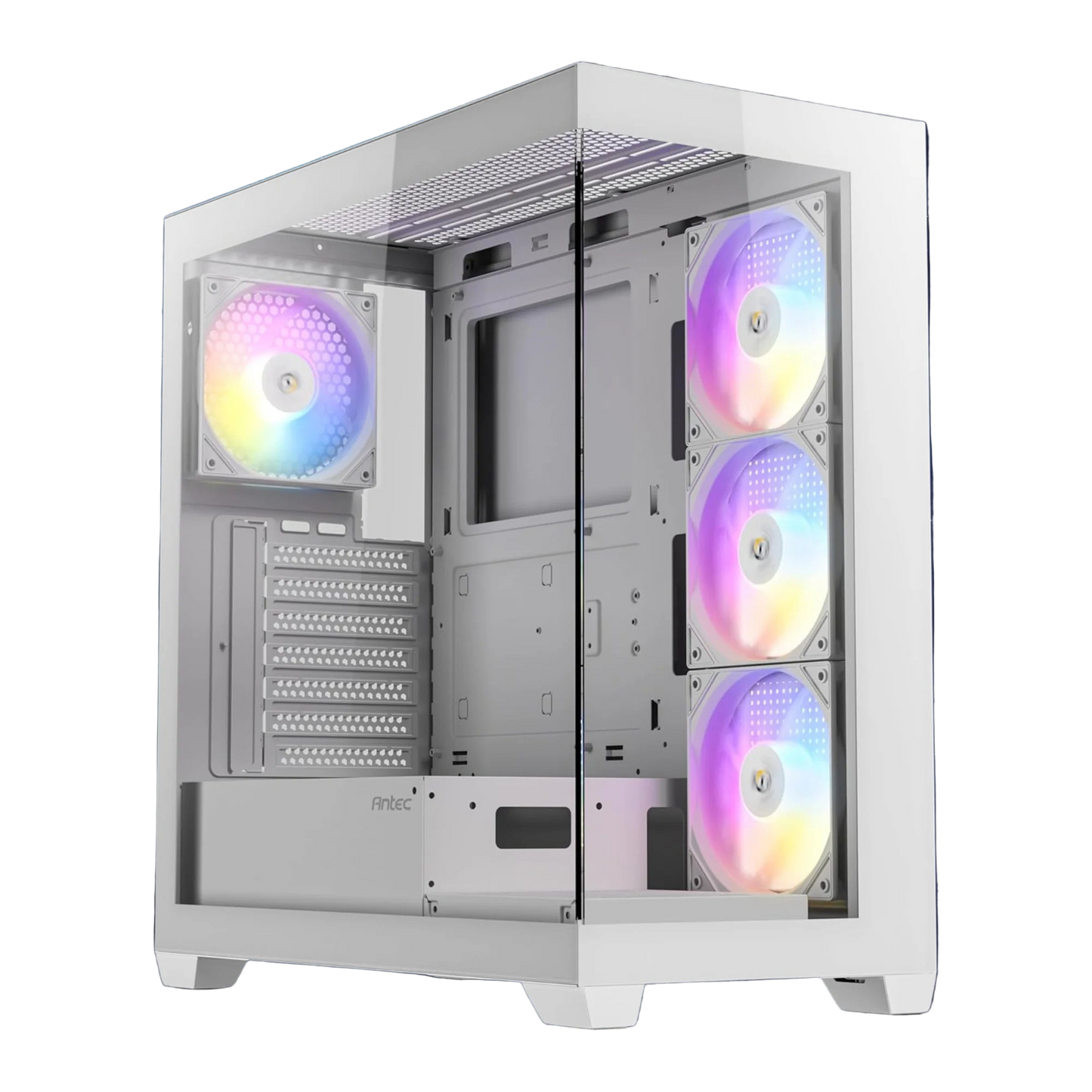 White computer case with RGB lighting on a white background