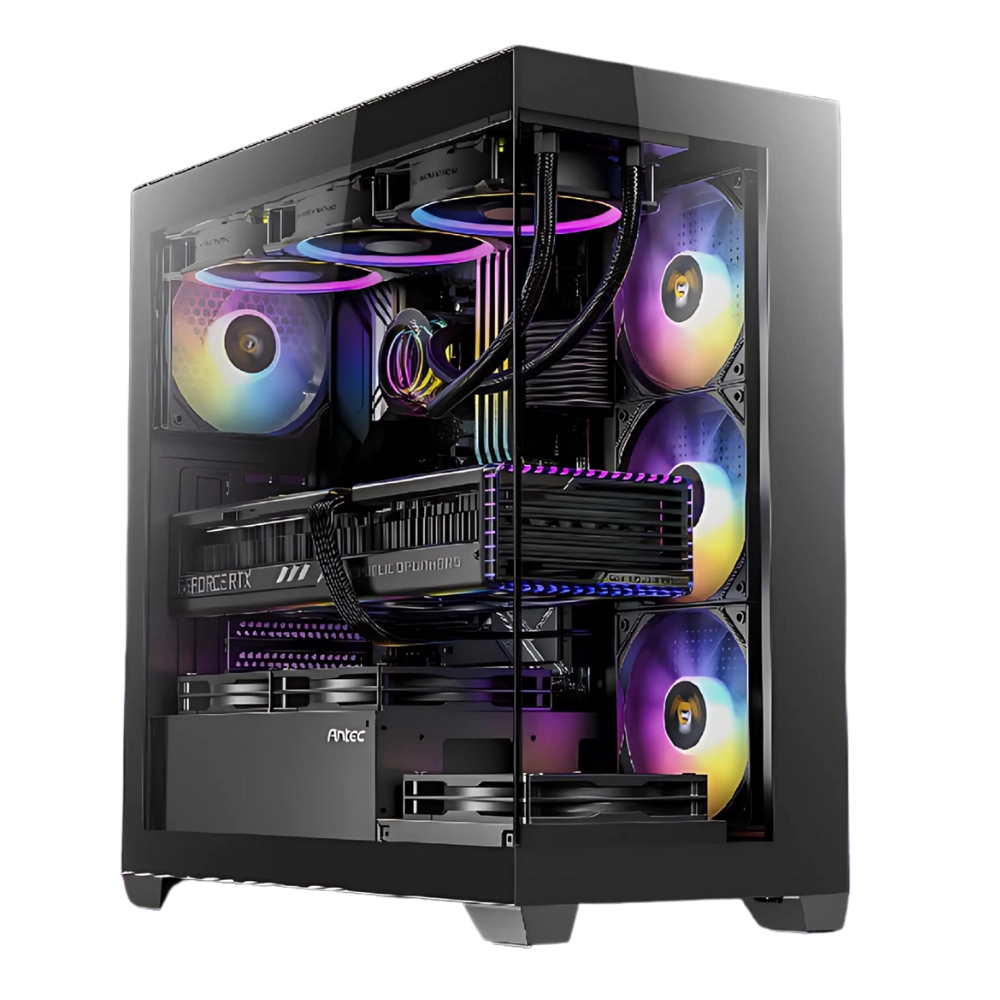 White computer case with a clear side panel on a white background
