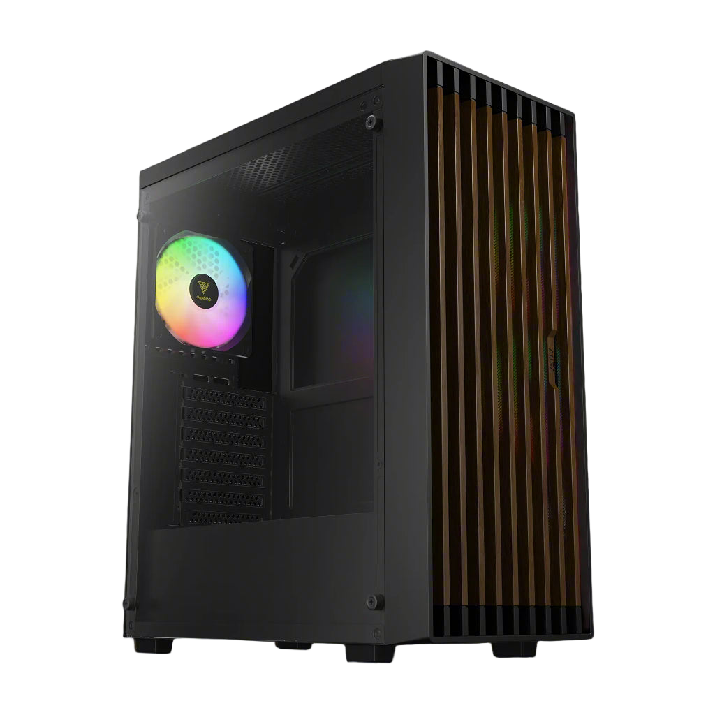 Computer case with a colorful RGB fan on a white background