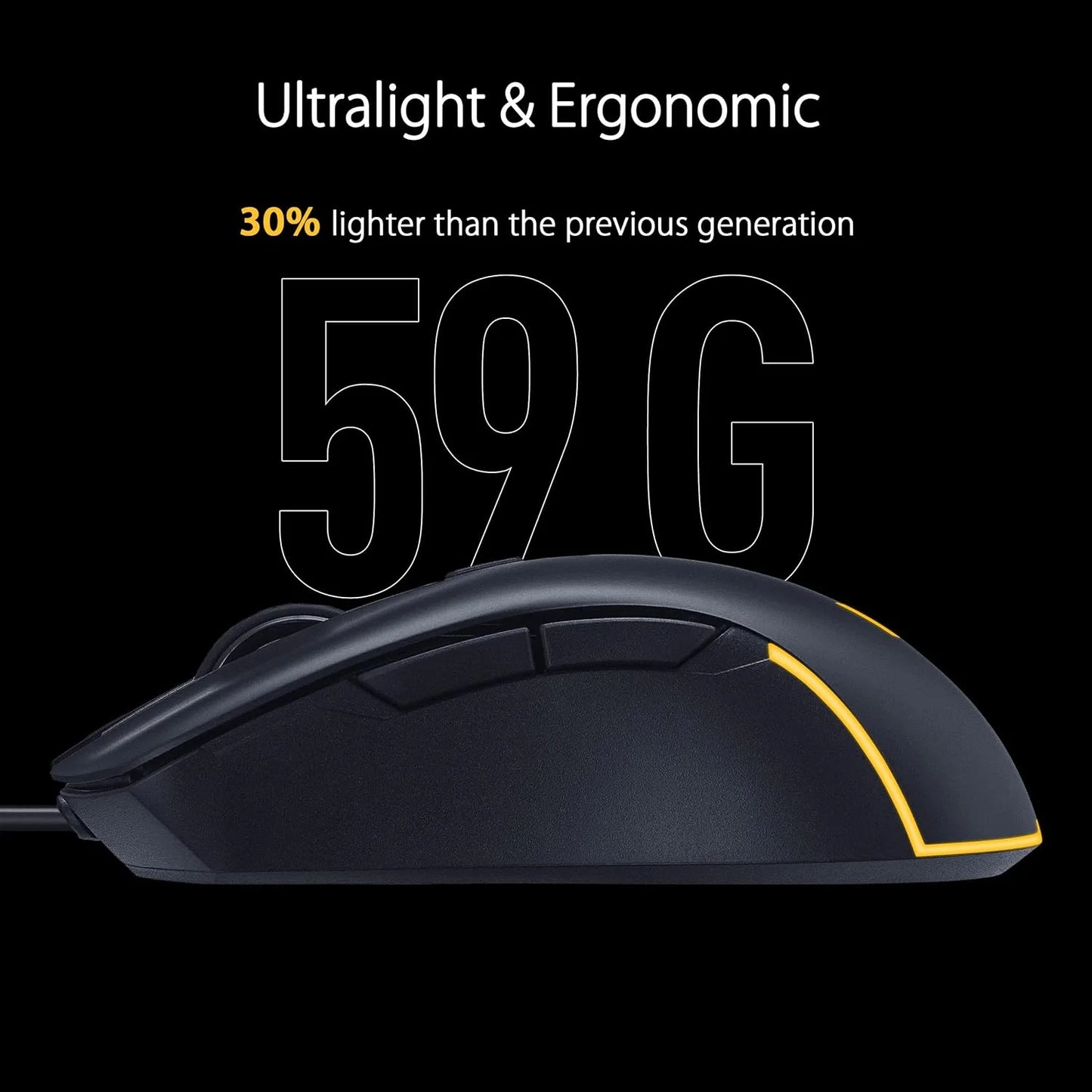 ASUS TUF Gaming M3 Gen II gaming mouse, black with yellow accents, emphasizing its ultralight and ergonomic features.