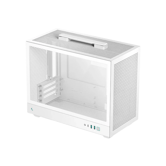 White computer case with mesh front panel on a white background
