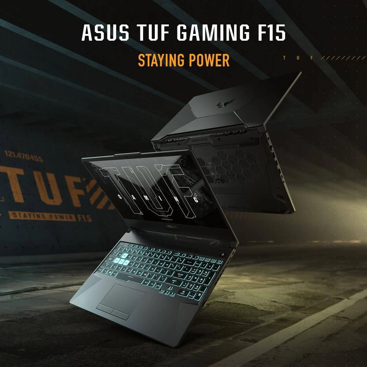ASUS TUF GAMING F15 laptop shown in an angled view with the screen open, highlighting the ASUS TUF logo and the laptop's sleek design in a dimly lit environment.