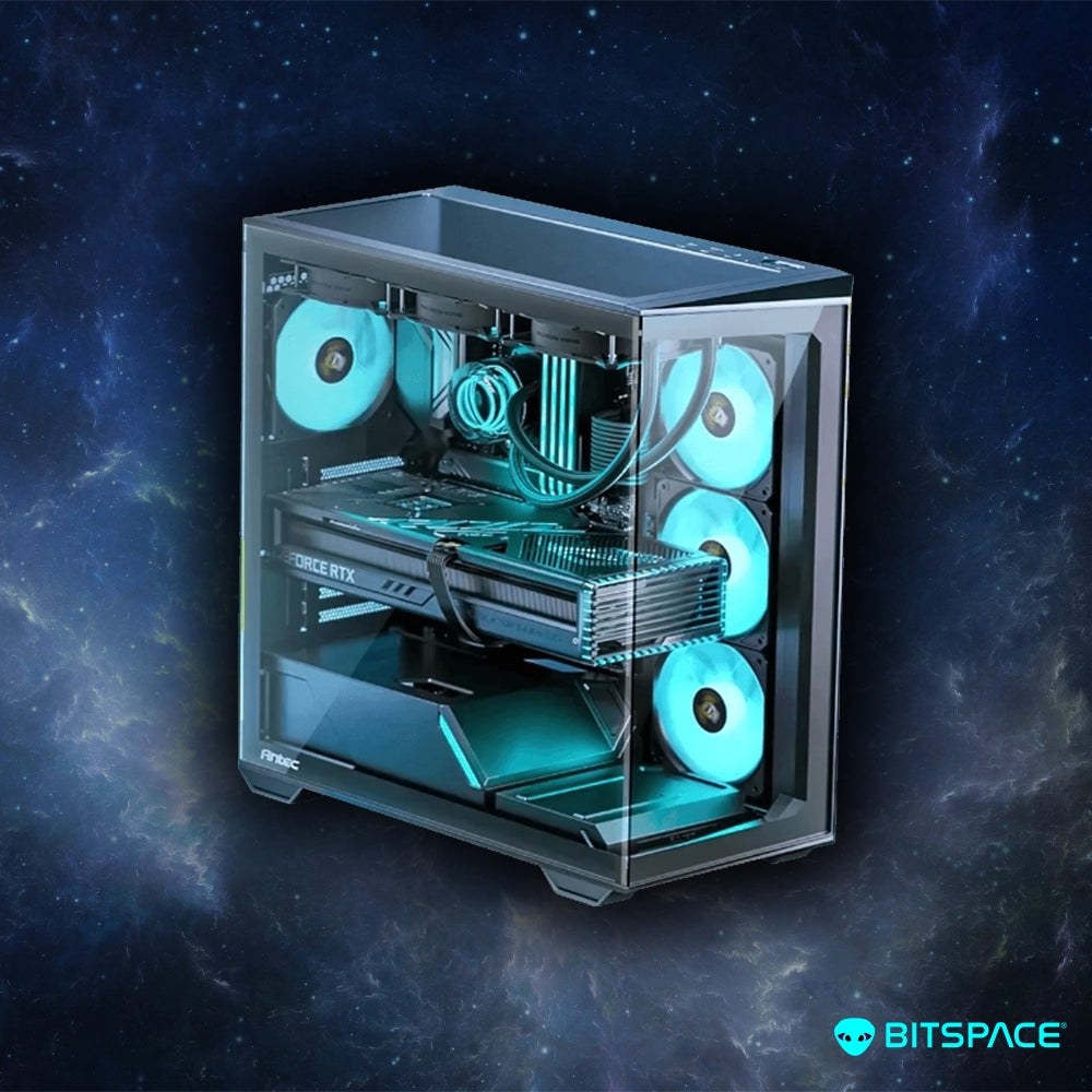 A custom PC with transparent case showing internal components including RAM modules, cooling system, and GPU, with a celestial background.