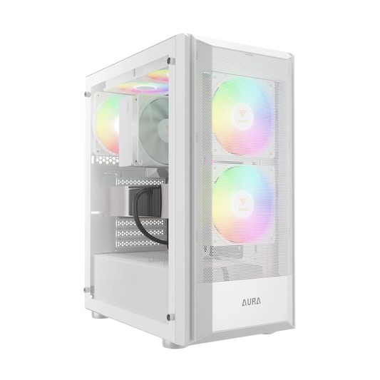 White computer case with RGB lighting on a white background