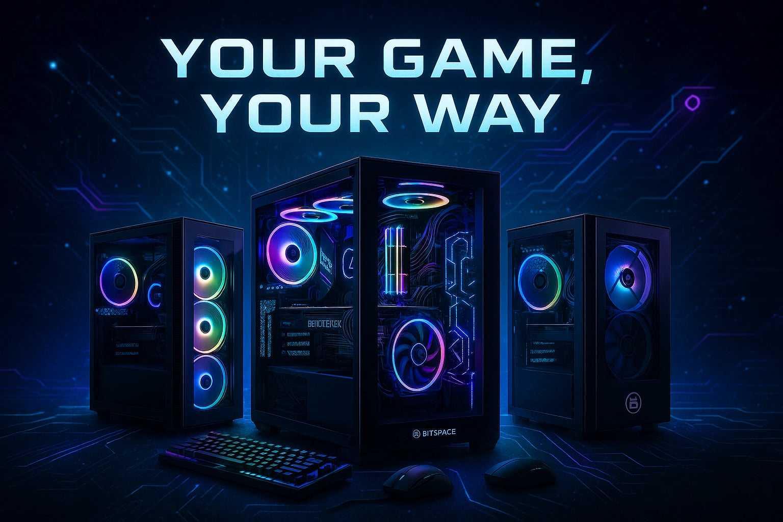 Gaming computer setup with RGB lighting on a dark background, featuring the text 'Your Game, Your Way'.