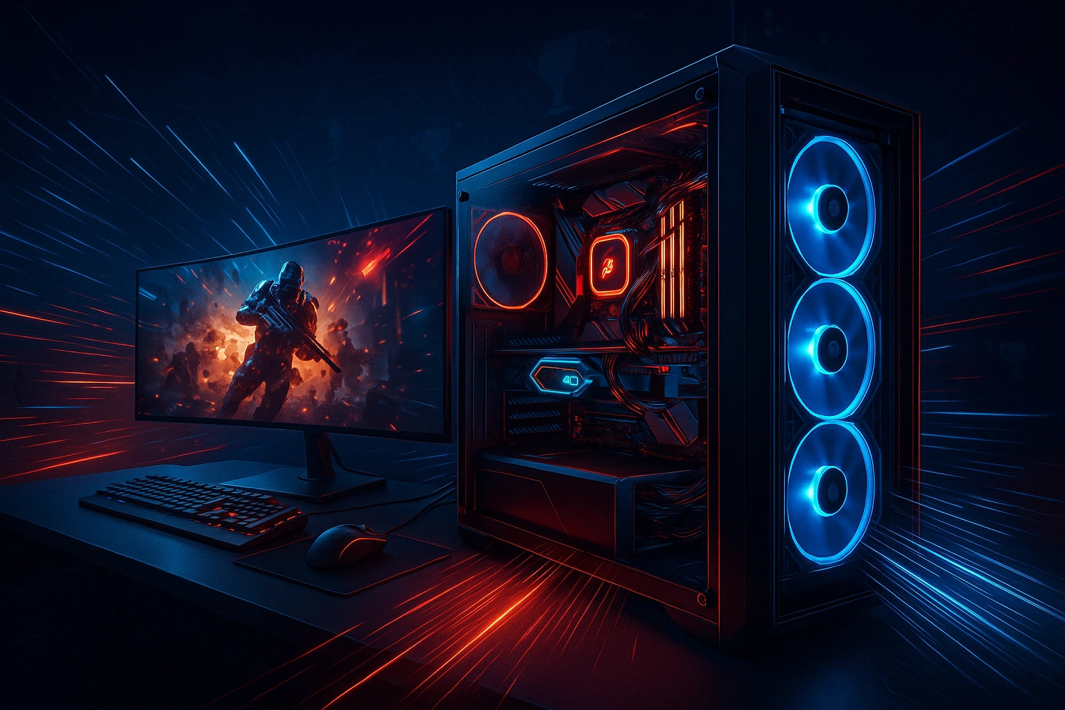 Gaming setup with a computer monitor, keyboard, and RGB-lit PC case on a dark background
