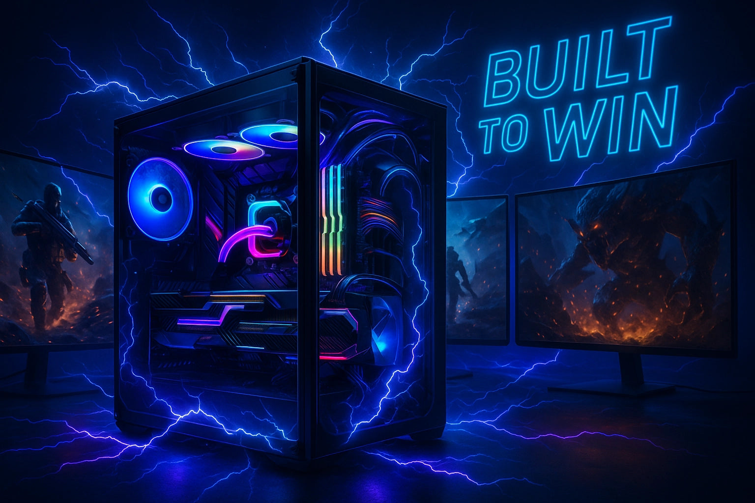 Gaming computer case with colorful LED lights in a dark room with 'Built to Win' text.
