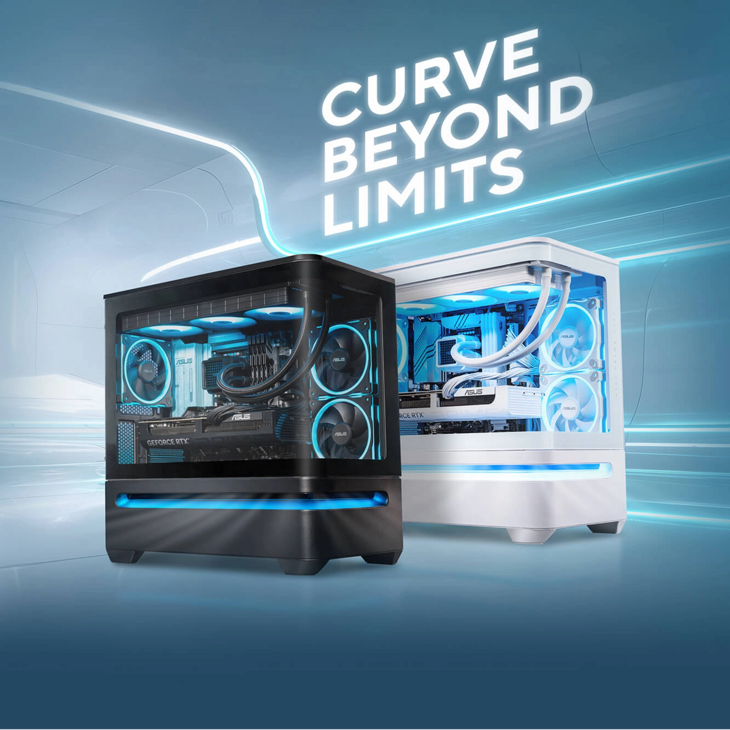 Two computer cases with transparent sides on a blue background with 'Curve Beyond Limits' text.