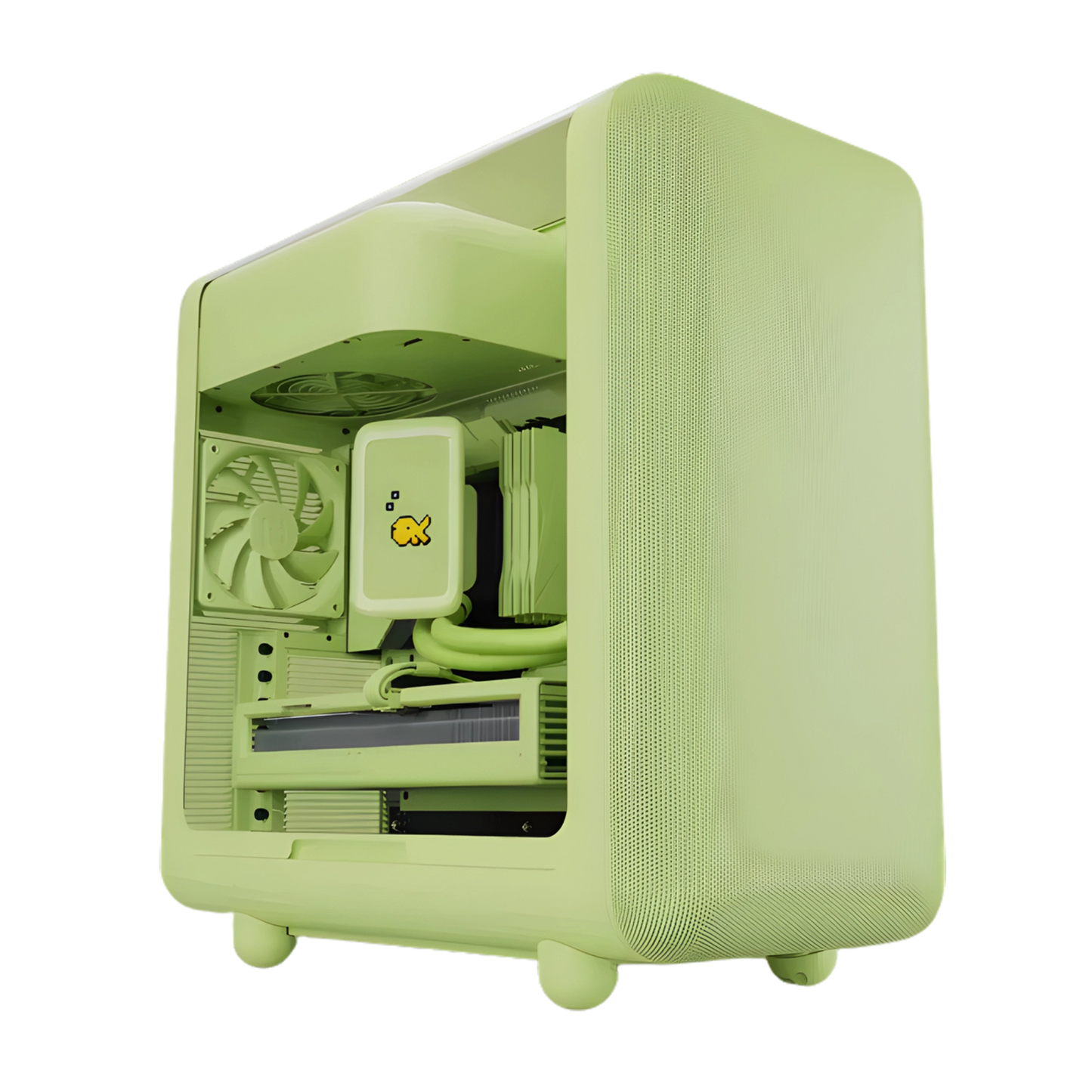 Glossy gaming PC case with RGB lighting on a white background