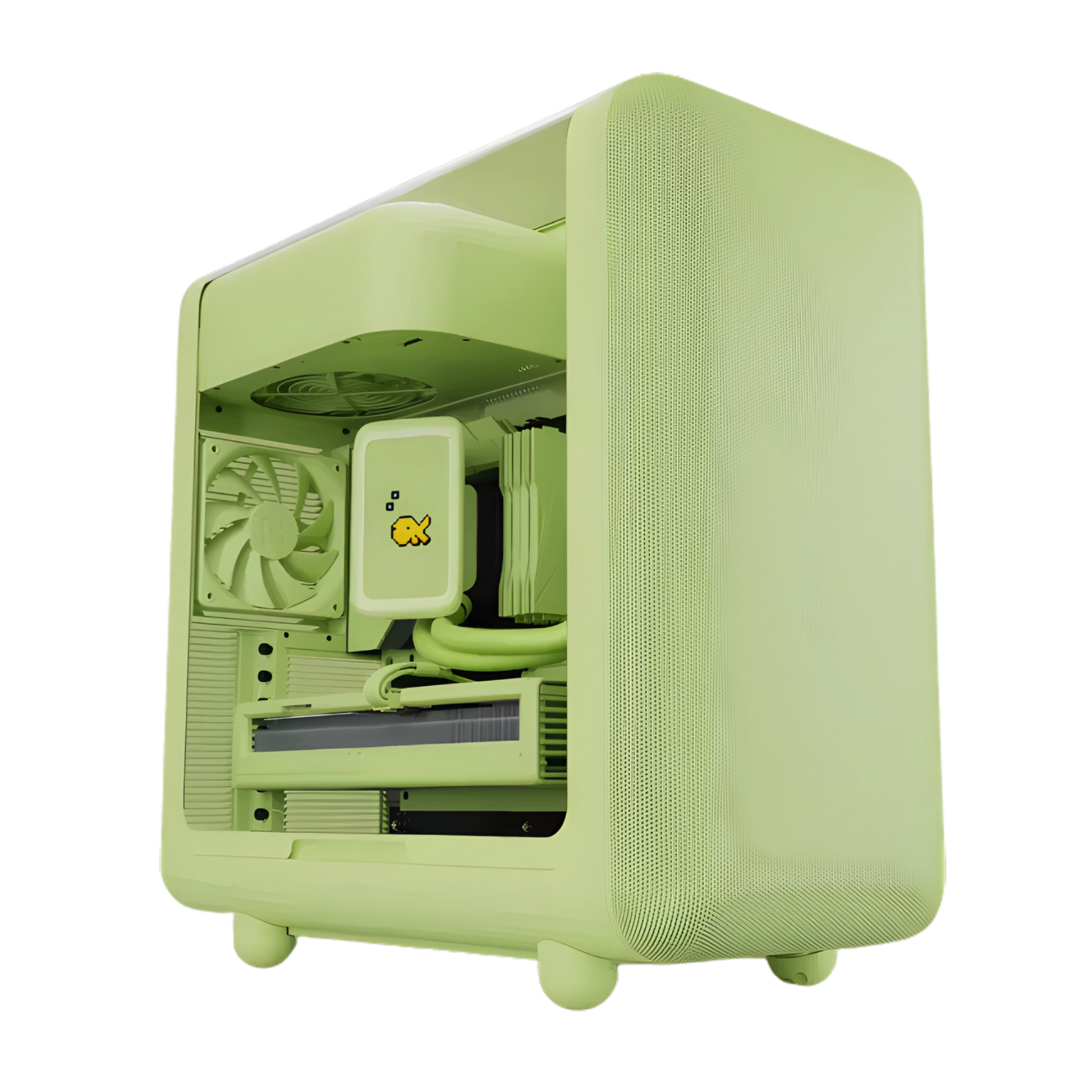 Glossy gaming PC case with RGB lighting on a white background