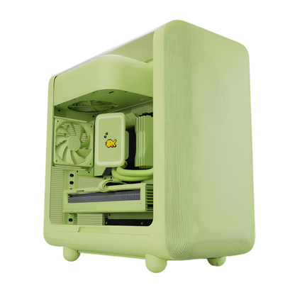 Glossy gaming PC case with RGB lighting on a white background