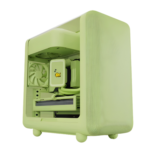 Glossy gaming PC case with RGB lighting on a white background
