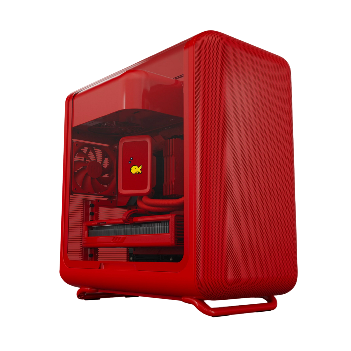 Red computer case with transparent side panel on a white background