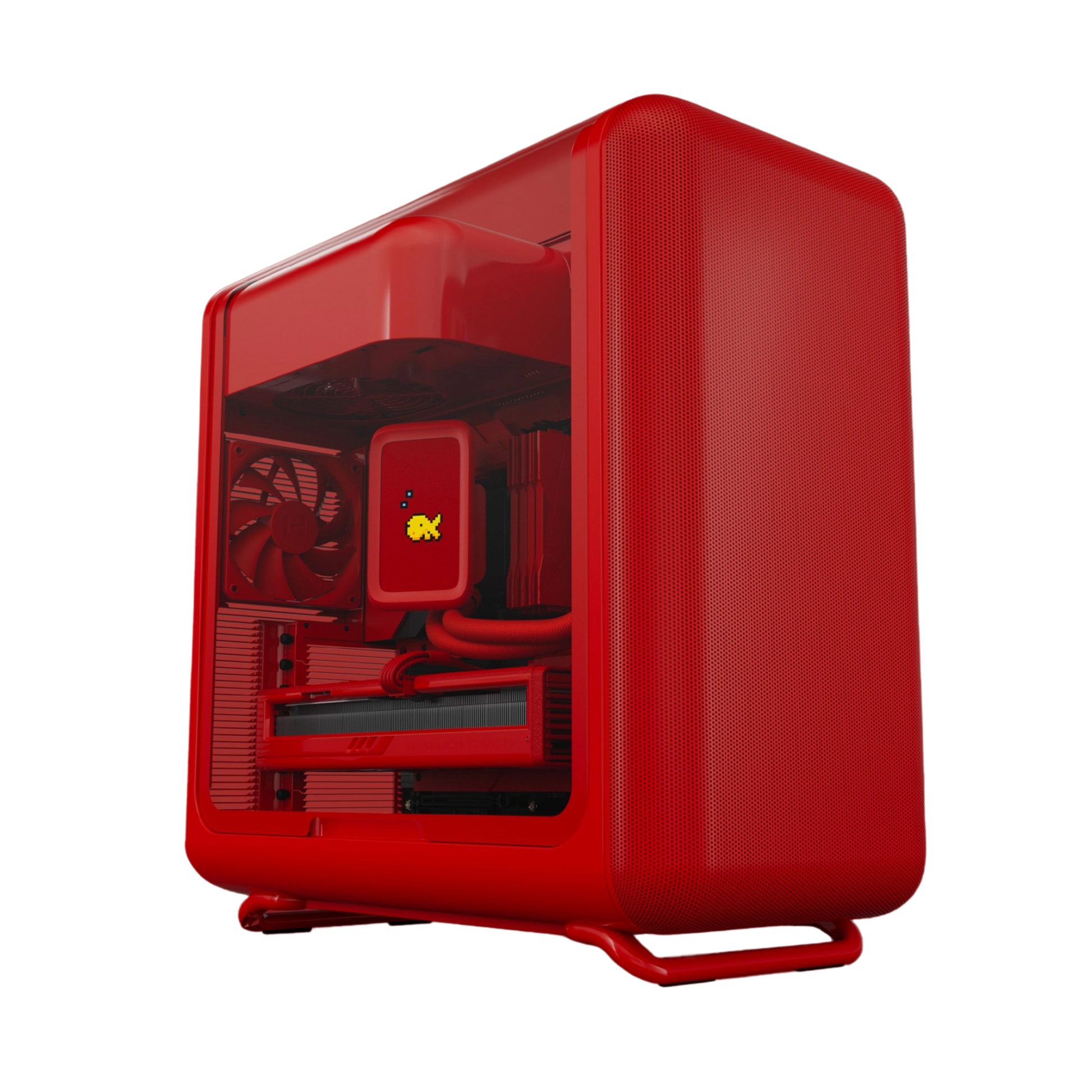 Red computer case with transparent side panel on a white background