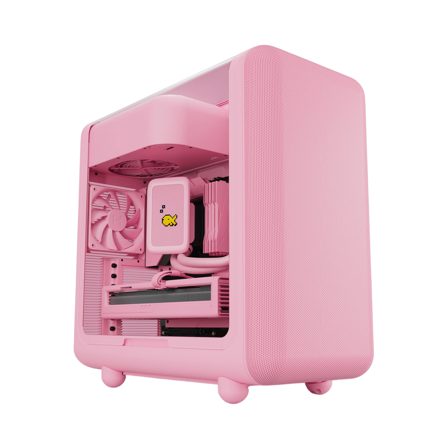 Pink computer case with visible internal components on a white background