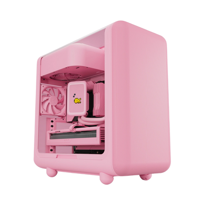 Pink computer case with visible internal components on a white background