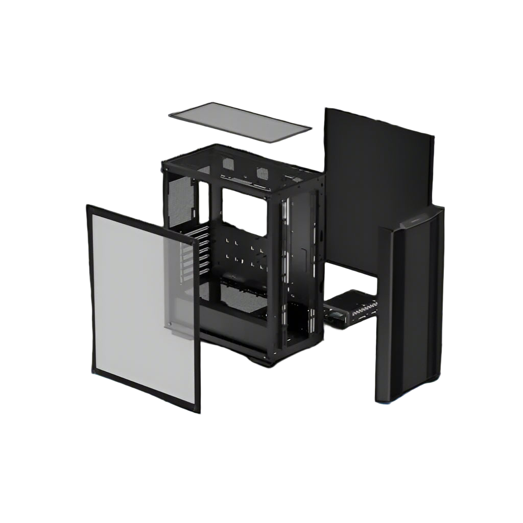 Black computer case with open side panels on a white background