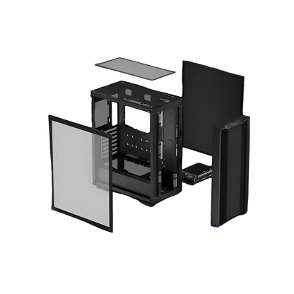 Black computer case with open side panels on a white background