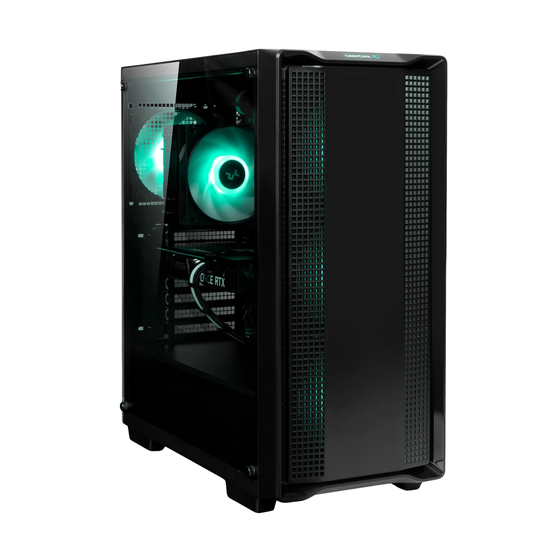 Black computer case with a clear side panel on a white background