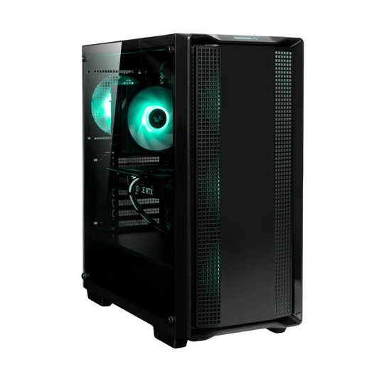 Black computer case with a clear side panel on a white background