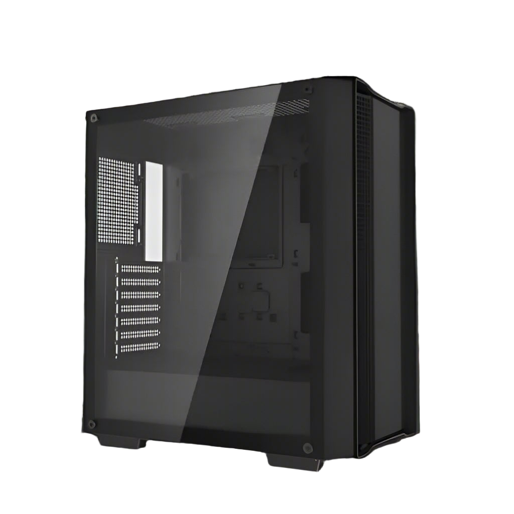 Black computer case with a clear side panel on a white background