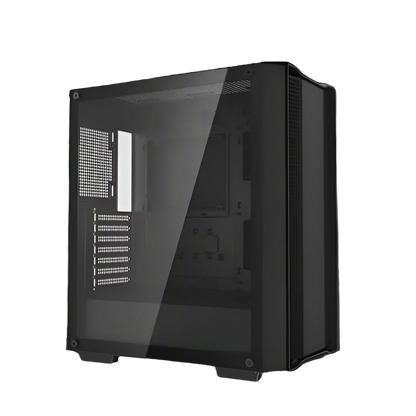 Black computer case with a clear side panel on a white background