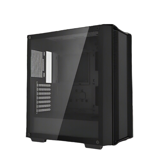 Black computer case with a clear side panel on a white background