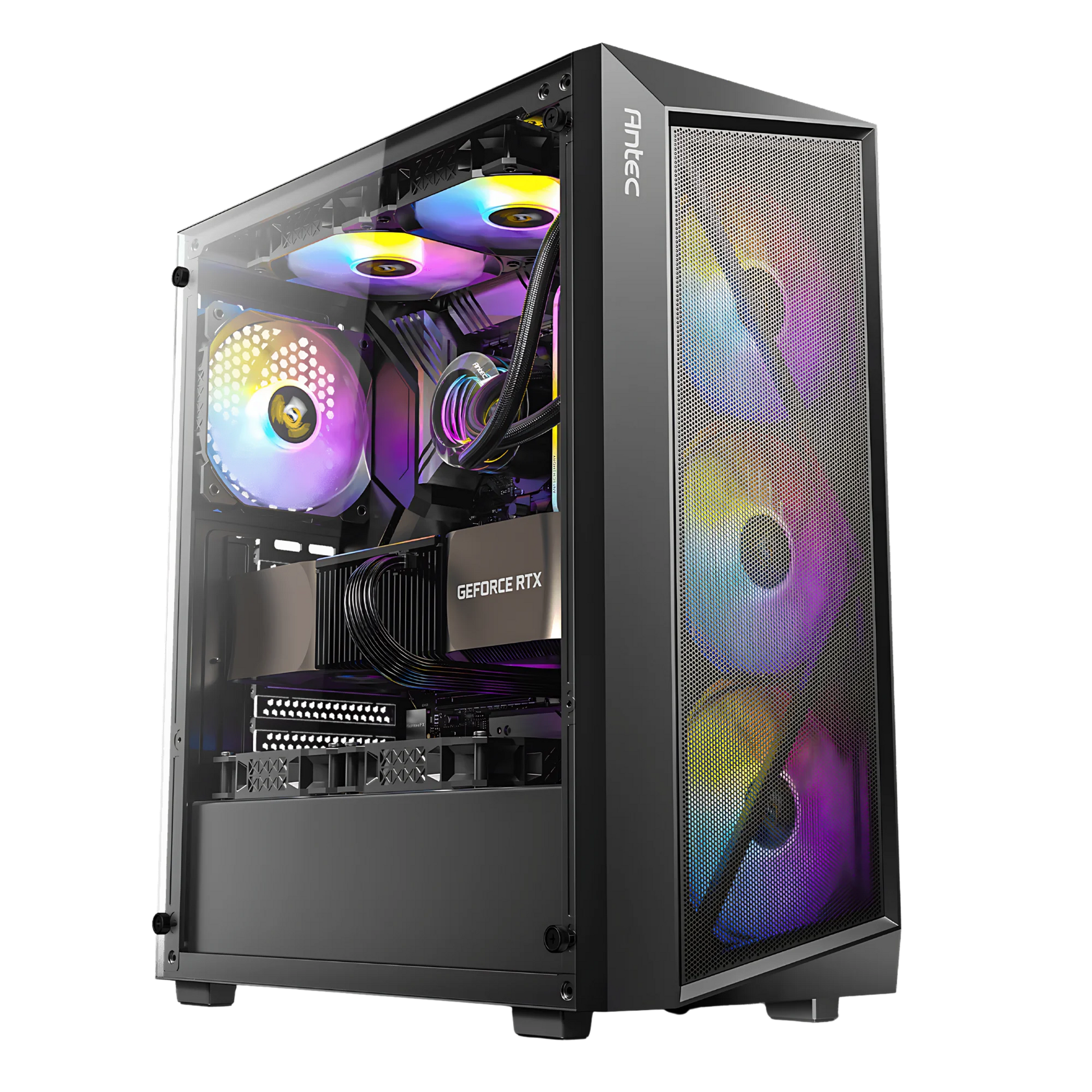Computer case with RGB lighting on a white background