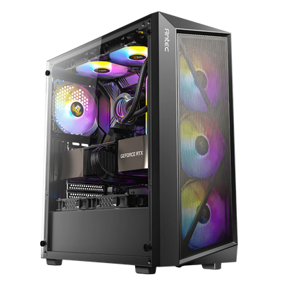 Computer case with RGB lighting on a white background