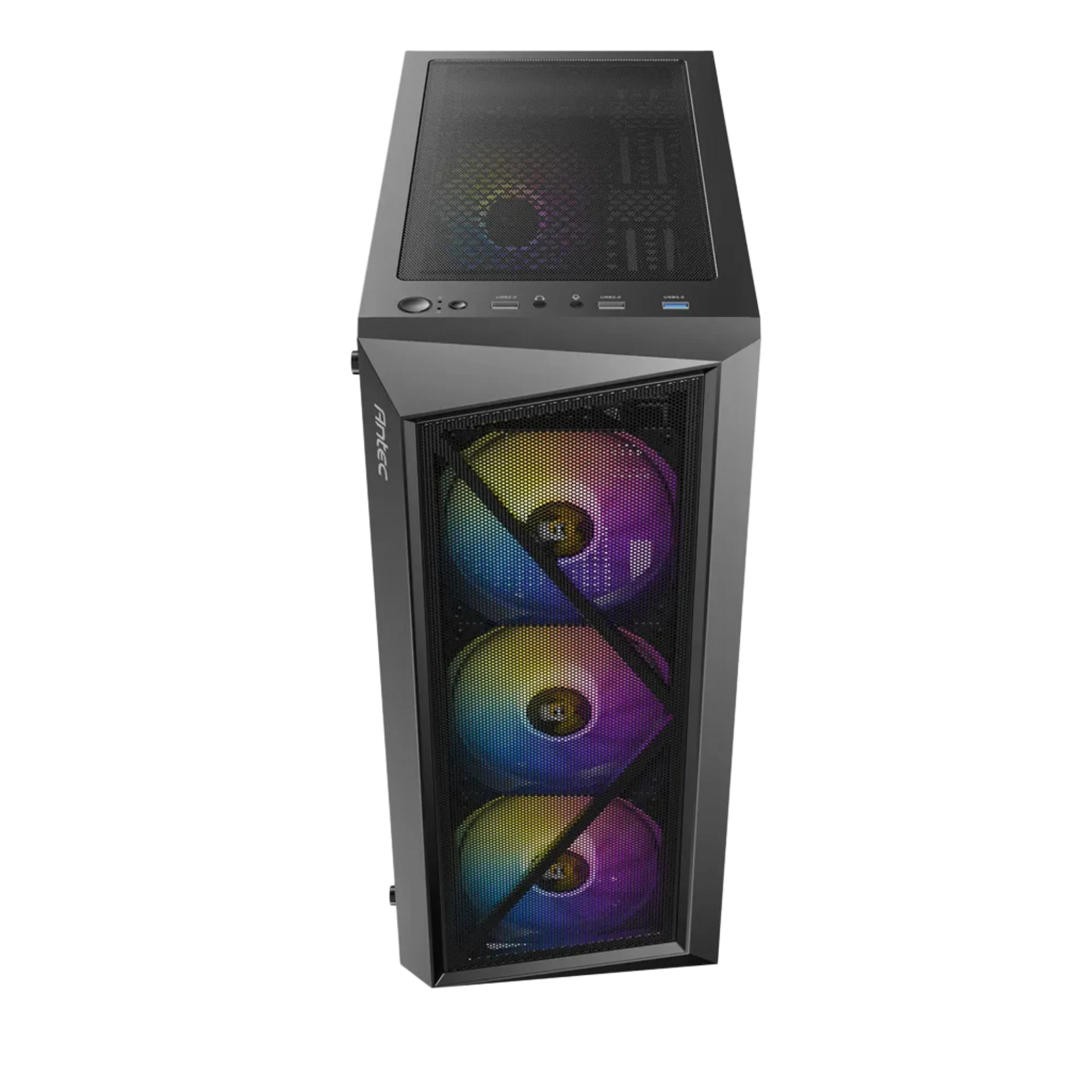 Computer case with RGB lighting on a white background