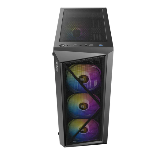 Computer case with RGB lighting on a white background