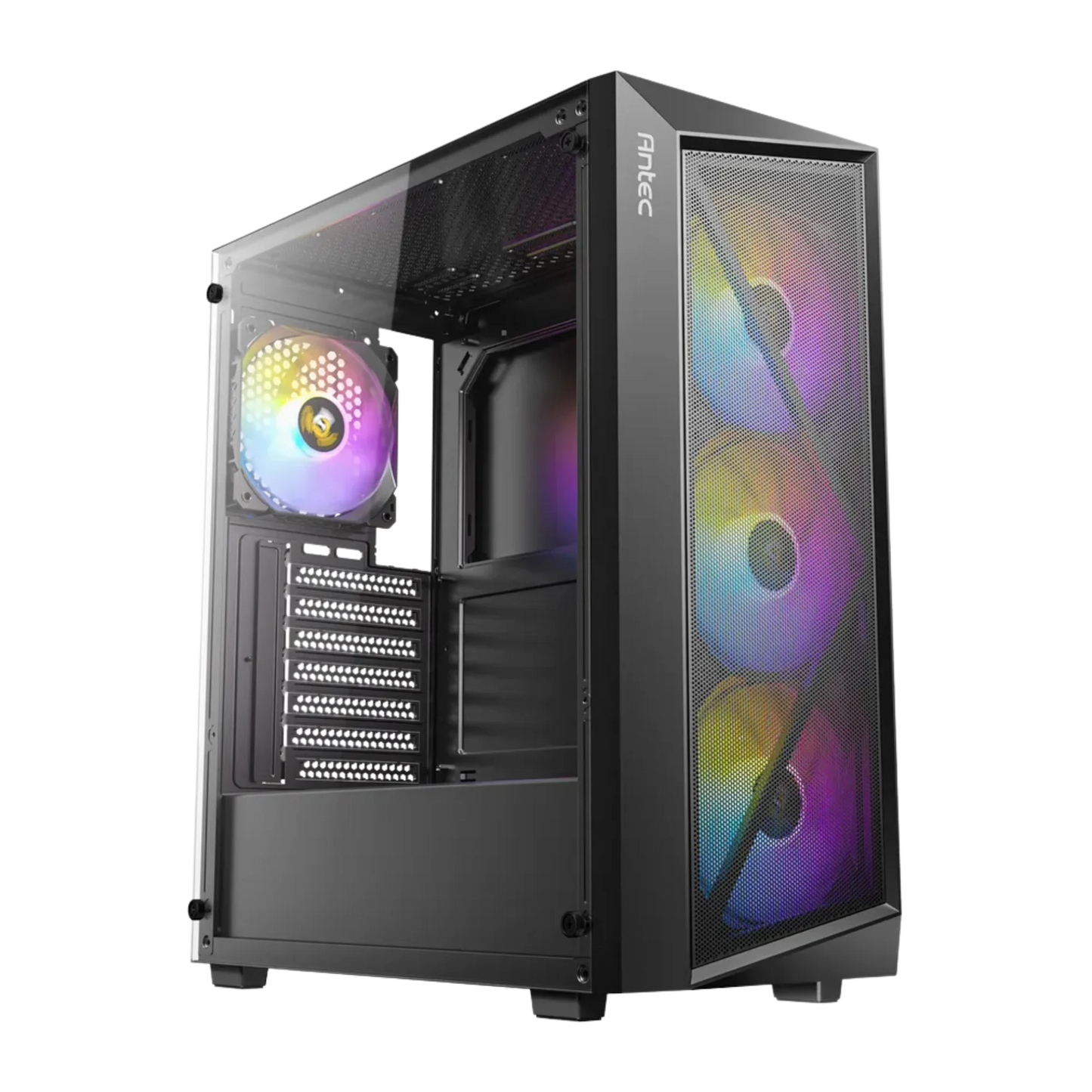 Computer case with RGB lighting on a white background