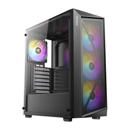 Computer case with RGB lighting on a white background