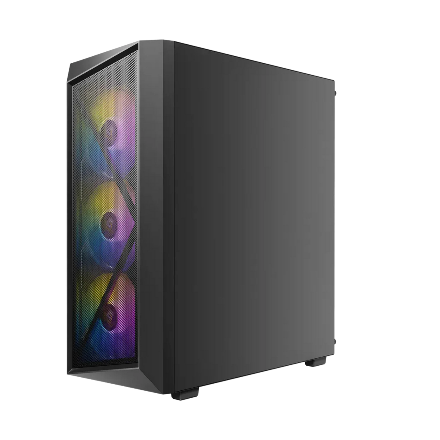Black computer case with RGB lighting on a white background